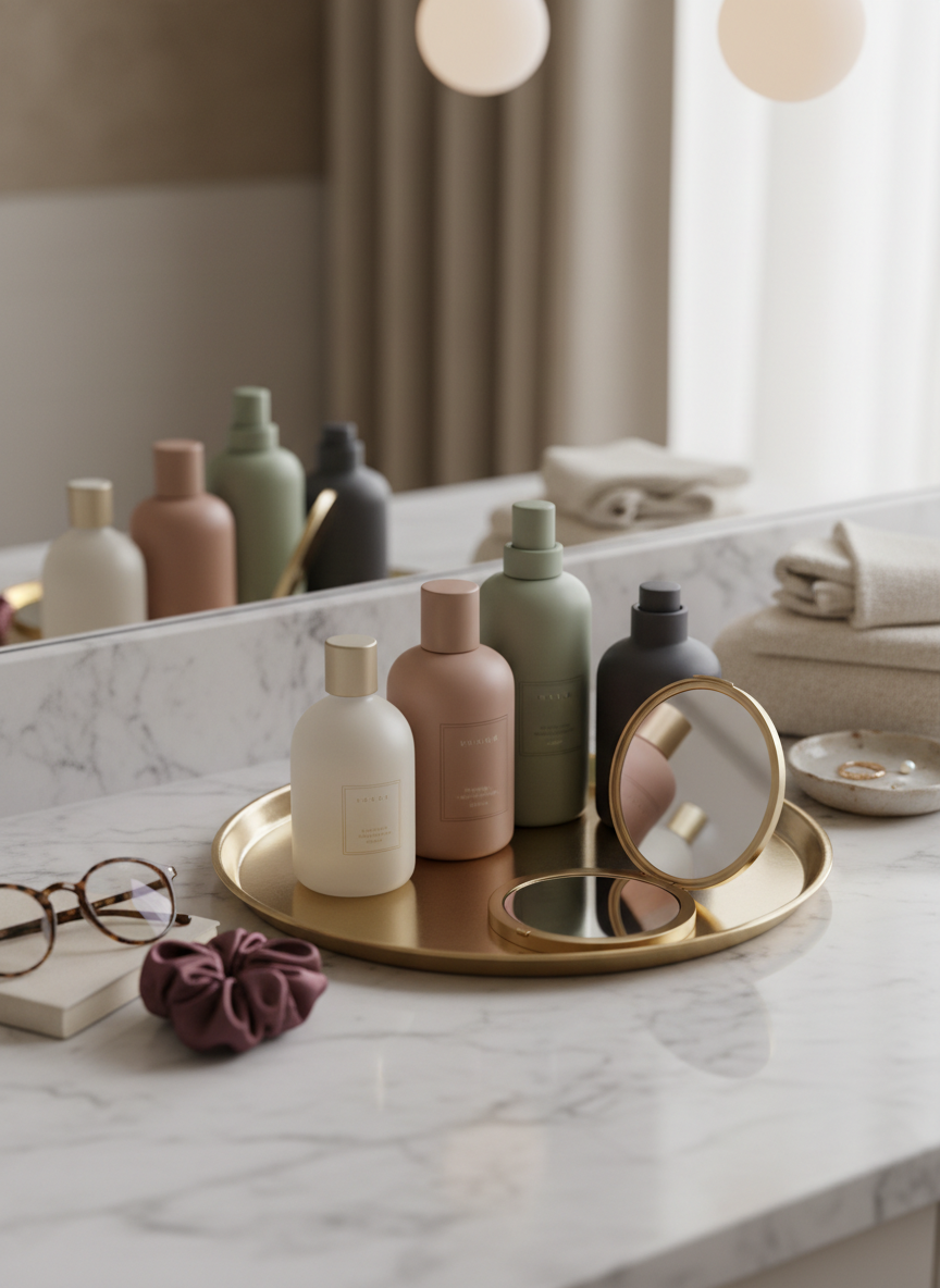 A close-up, photographic view of a polished vanity tray on a marble countertop, holding thoughtfully arranged objects that hint at diverse women’s lives: a variety of skincare bottles in different shapes and muted tones, a pair of glasses with a slender tortoiseshell frame, a silk scrunchie in deep plum, and an open compact mirror reflecting a fragment of the soft, neutral room. In the blurred background, folded linen towels and a small ceramic dish with simple jewelry shapes appear. Soft, warm pendant lighting from above casts gentle highlights on glass surfaces and creates subtle reflections in the marble. Captured from a slightly elevated angle with shallow depth of field, the mood is intimate, refined, and affirming of everyday women’s rituals.