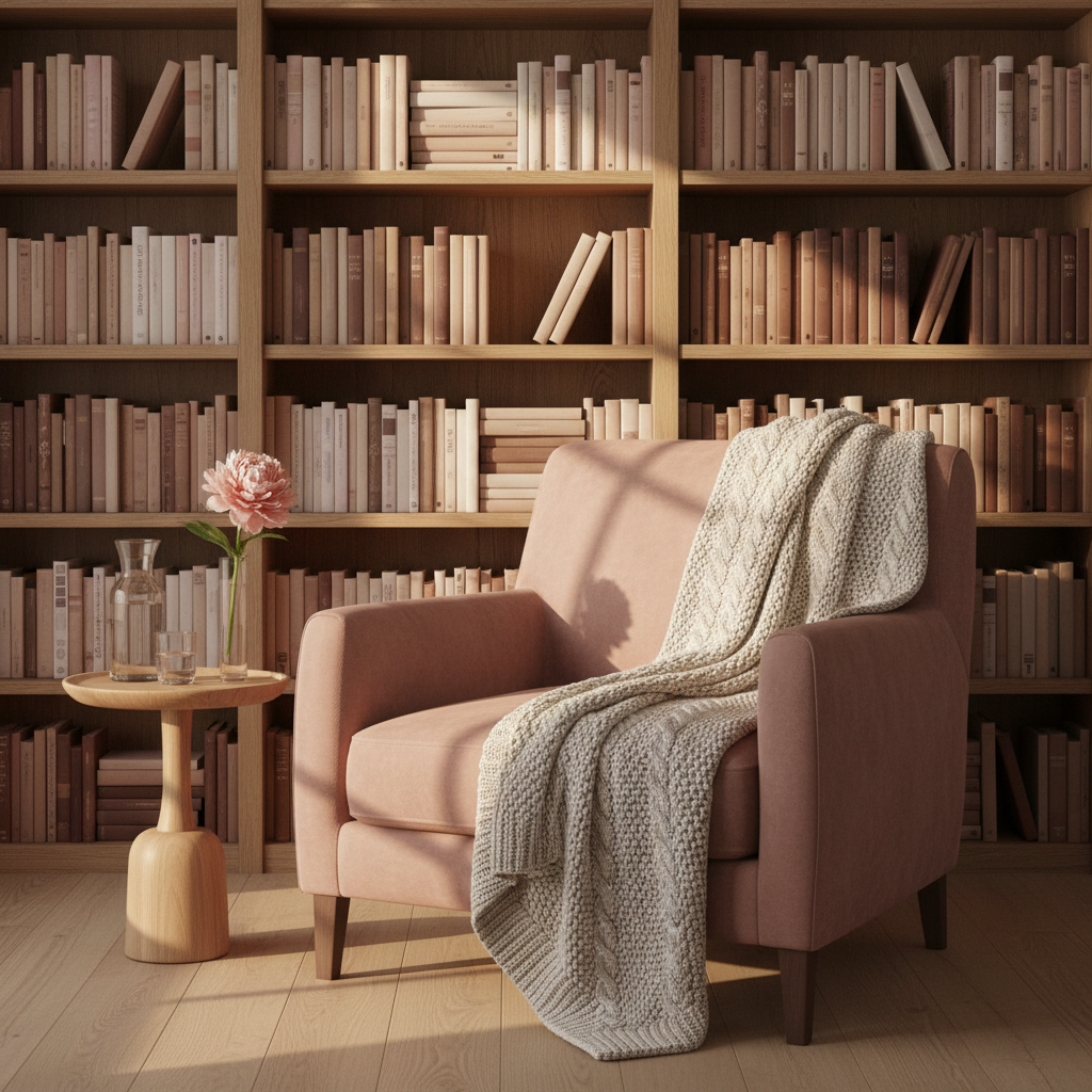 An elegantly styled reading nook featuring an overstuffed armchair in muted rose velvet with a draped, ivory knit throw, angled toward a tall bookshelf filled with color-coordinated spines in soft pinks, creams, and earthy tones. Several books are subtly pulled forward, spines blank but suggestive of women’s memoirs and essays. A small round side table holds a carafe of water and a clear glass, along with a single fresh peony in a slim vase. Golden hour sunlight streams through an unseen window, creating warm highlights on the fabric and gentle shadow patterns on the floor. Photographed at eye level with a slight angle, the scene feels contemplative, sophisticated, and welcoming to women’s stories.