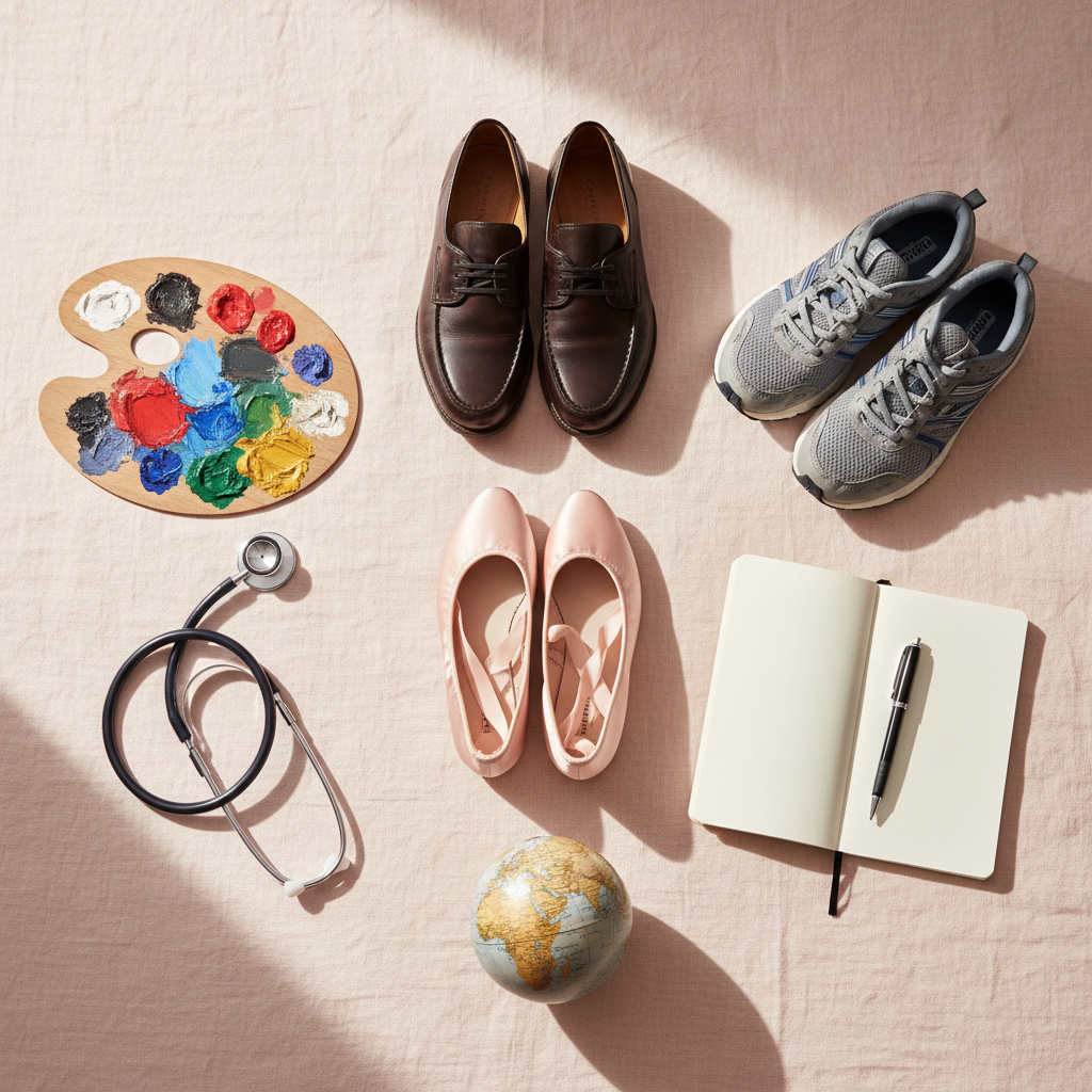 A photographic flat lay of a neatly arranged collection of symbolic objects on a pale blush linen backdrop, representing intersectional women’s experiences: multiple pairs of shoes in different styles and sizes—sleek loafers, satin ballet flats, sturdy walking sneakers—placed alongside a stethoscope, a paint palette with vivid color smears, a simple notebook with a pen, and a small, textured globe. Soft, indirect daylight from one side creates gentle gradients across the fabric and subtle shadows beneath each object. Shot from directly overhead with sharp focus throughout and careful spacing, the composition feels balanced, sophisticated, and story-rich, suggesting many distinct journeys and voices while remaining tasteful and women-centered.