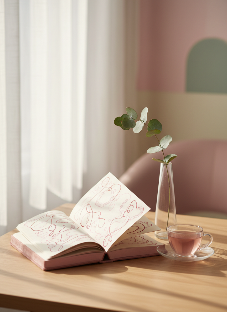 A softly textured blush-pink journal lying open on a smooth, pale oak table, its pages filled with delicate, abstract line patterns instead of text, symbolizing untold women’s stories. Beside it, a fine porcelain cup of rose-hued tea rests on a matching saucer, and a single eucalyptus stem in a slim glass vase adds height. Gentle morning light filters through sheer curtains, creating a calm, diffused glow and subtle shadows across the table. Photographed at eye level with a shallow depth of field, the journal is in crisp focus while the serene background blurs into soft pastels, conveying an intimate, sophisticated, women-centered sanctuary in photographic realism.