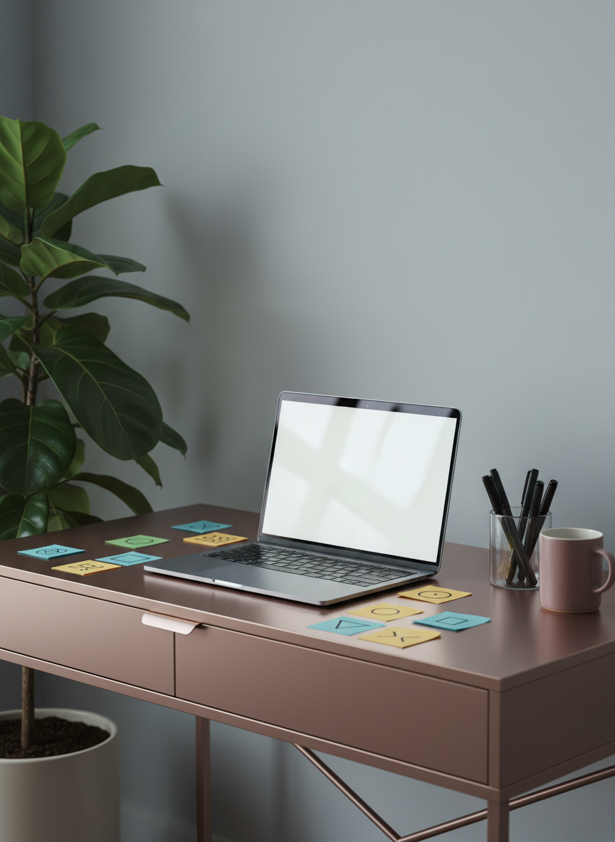 A sleek, modern writing desk in a muted rose-gold metallic finish stands against a soft dove-gray wall, supporting an open laptop with a blank, softly glowing screen, symbolizing unwritten women’s stories. Around it are color-coded sticky notes with only geometric symbols, a glass pen holder of fine black pens, and a minimalist ceramic mug in dusty mauve. A tall indoor plant with broad, dark green leaves adds organic contrast on one side. Cool, diffused daylight from an unseen window creates gentle reflections on the laptop and desk surface. Shot from a three-quarter angle with clean lines and moderate depth of field, the photographic scene feels focused, intelligent, and quietly powerful, echoing sophisticated digital storytelling for women.
