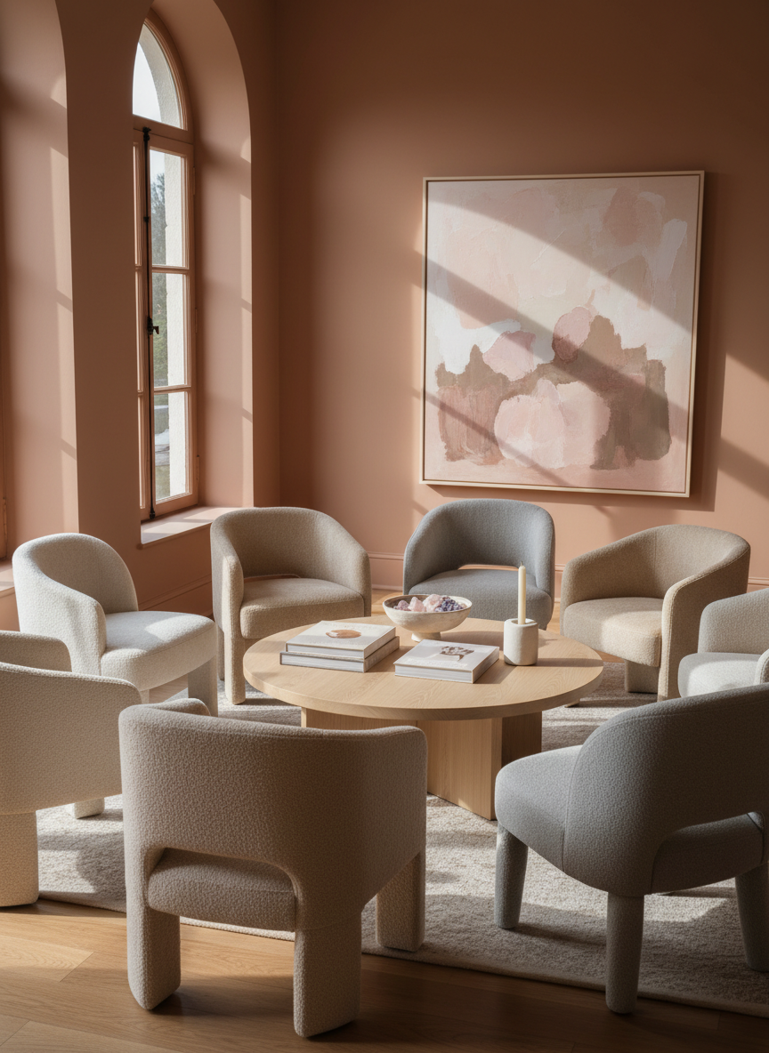 A circular arrangement of elegant, mismatched chairs in soft neutral fabrics surrounding a low, round coffee table made of light wood, symbolizing a women’s discussion circle without showing people. On the table rest stacked art books, a ceramic bowl filled with smooth rose quartz and amethyst stones, and an unlit ivory candle in a matte holder. The room features warm-toned walls and a large, abstract painting in gentle pinks and taupes. Late afternoon sunlight streams in from tall windows to the side, casting warm, elongated shadows. Captured from a slightly elevated angle with balanced composition, the photograph feels inviting, sophisticated, and communal, evoking a safe space for women’s voices.